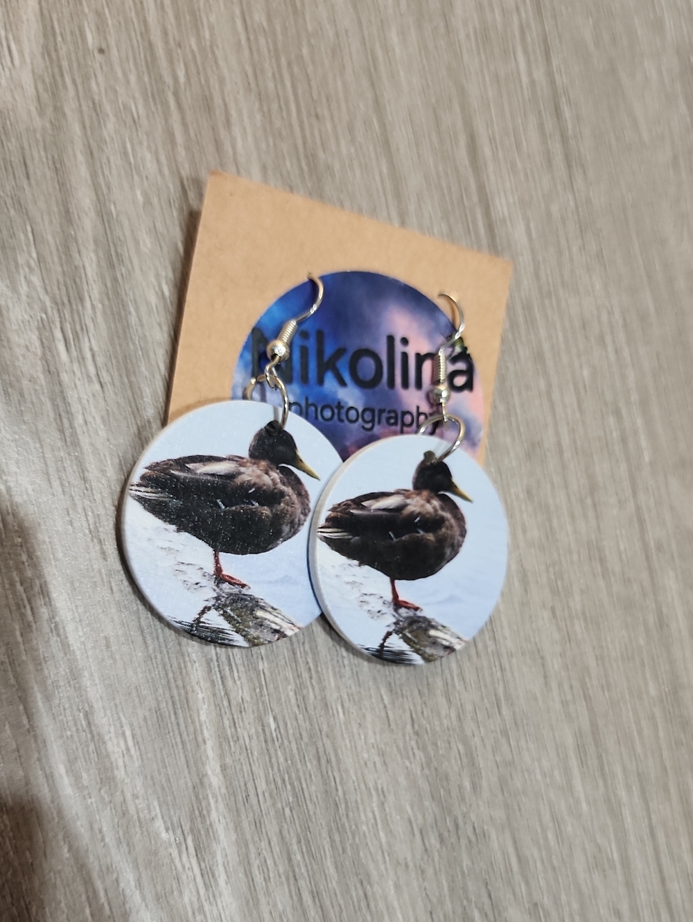 Nikolina Photography Duck Photo Round Wood Earrings